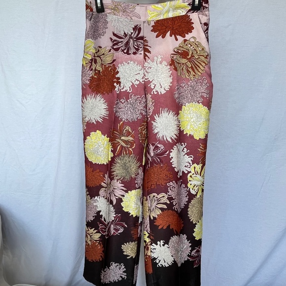 Zara Pants - Zara (XS) floral trousers in pale pinks, maroon, lemon yellow, & black.